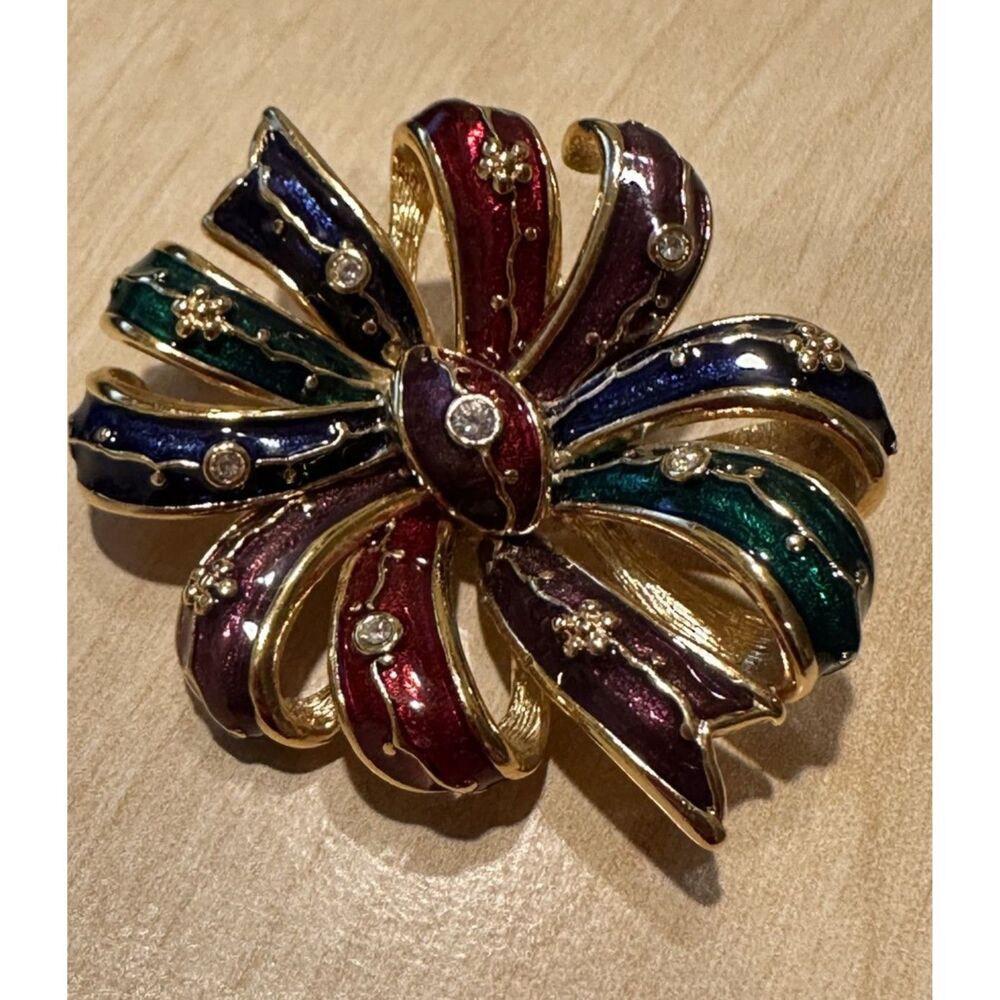 Vintage Gold Tone Enamel Bow Brooch Pin Multi Color with Crystal Accents